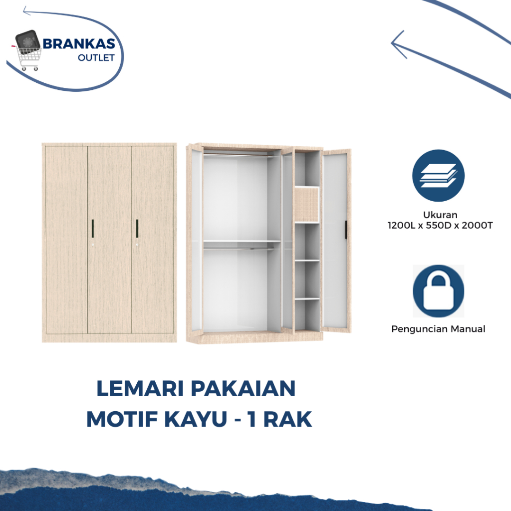 Lemari Baju Lemari Kabinet Lemari Besi Lemari Baju Besi Motif Kayu - 2 Rak