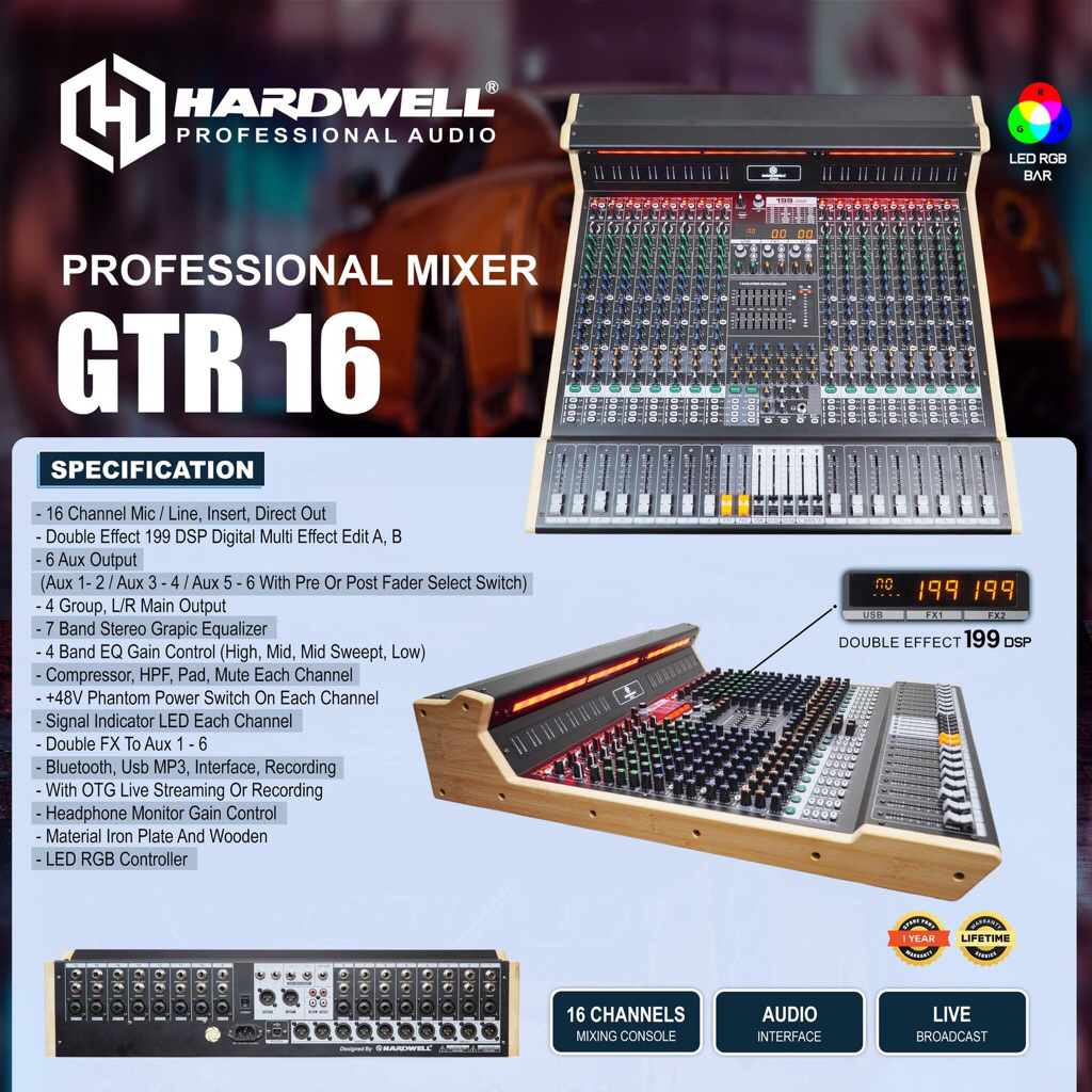 Mixer Audio 16 Channel Hardwell GTR 16 - Original Mixer Double Effect 199 DSP