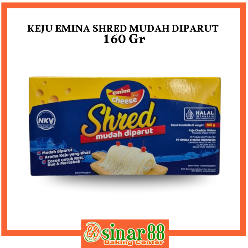 

Keju Emina Shred 160gr – Mudah Diparut | Keju Cheddar Olahan untuk Roti, Martabak, Kue