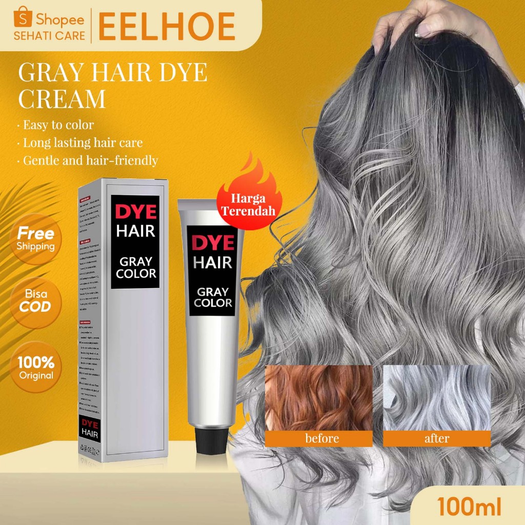 EELHOE Gray Hair Dye Cream 115g Krim Pewarna Rambut Abu-Abu Semi Permanen Warna Natural Nenek Abu-Ab