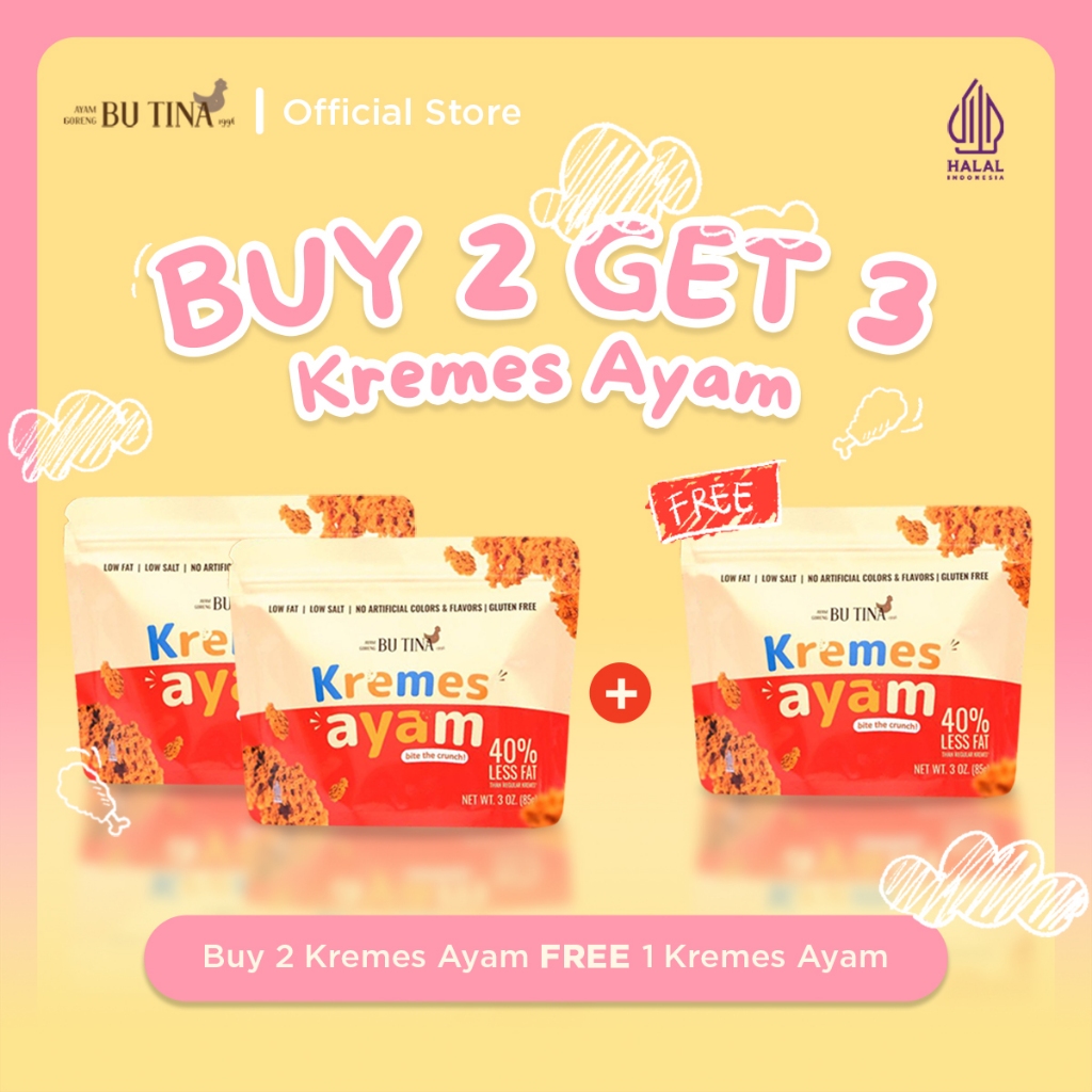 

Promo Kremes Ayam Bu Tina – Beli 2 Dapat 3 - 85g