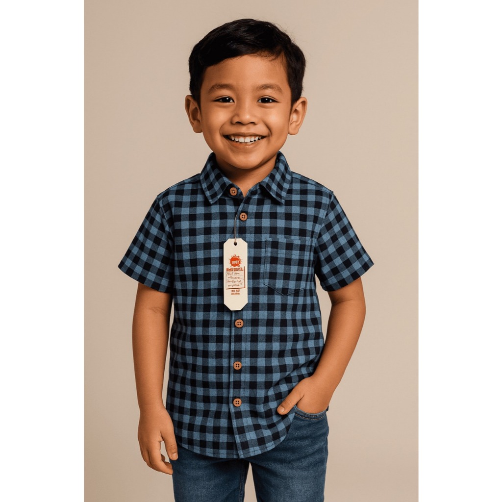 Kemeja Anak Laki-laki Kotak Kotak Biru – Baju Casual & Formal Lengan Pendek | 3-12 tahun