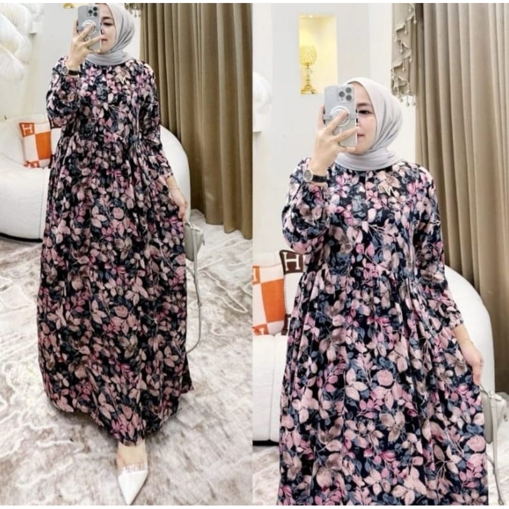 Gamis Motif Bunga Susun Ruffle Rayon Premium Busui friendly-Gamis terbaru Wanita Muslim Dewasa Rempe