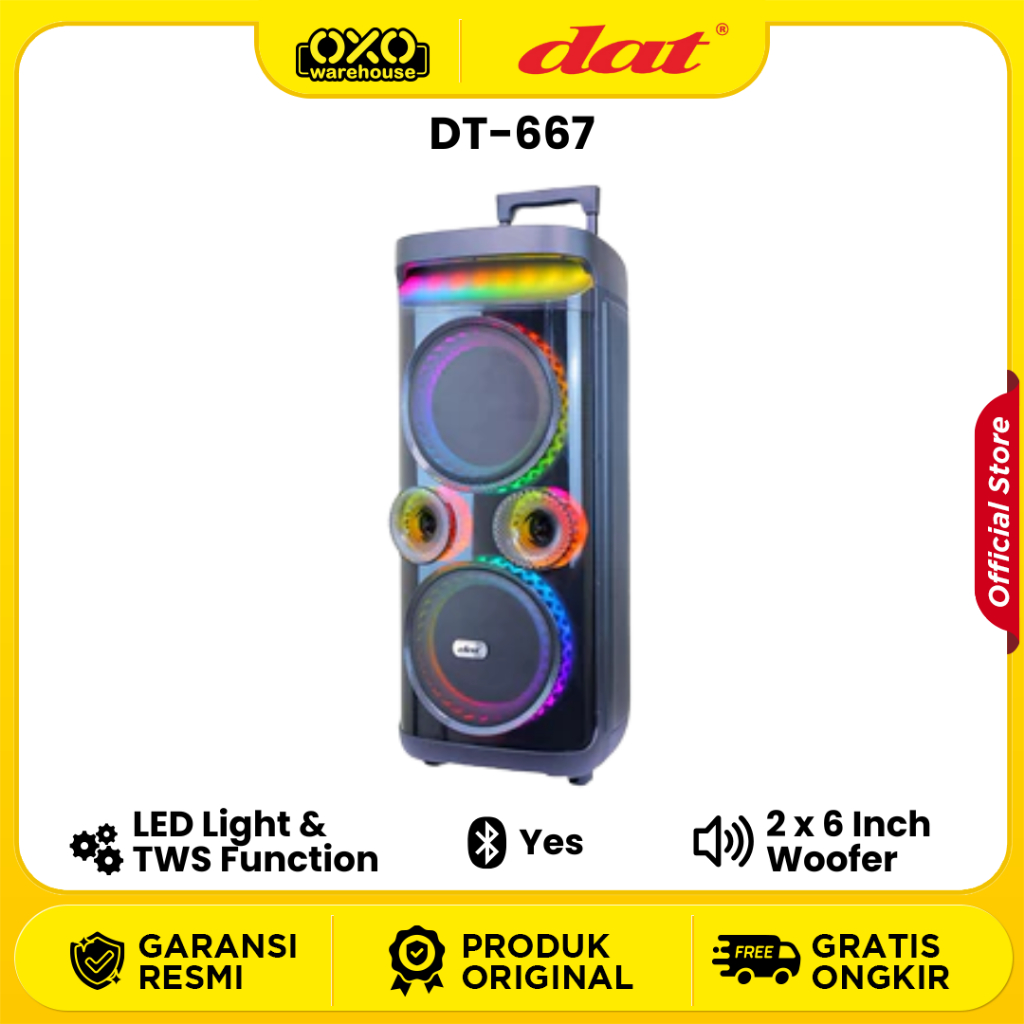 DAT Speaker Portable DT-667 LED Bluetooth 2MIC Woofer Ganda 2 x 6 inch Low Watt Garansi Resmi
