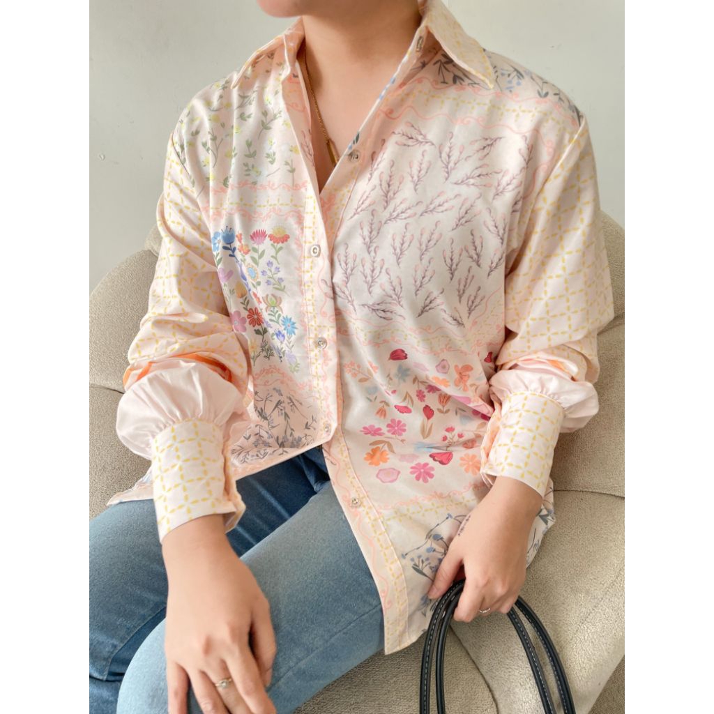 Kemeja Silk Satin Motif Bunga Elegant Mewah Valentina Oversize Jumbo Bigsize