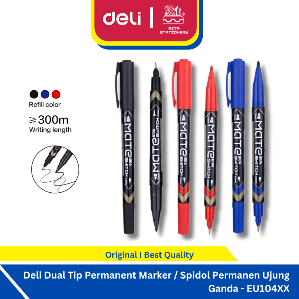 

Deli Dual Tip Permanent Marker Kecil / Spidol Permanen Ujung Ganda Hitam Merah Biru satuan eceran - EU104XX