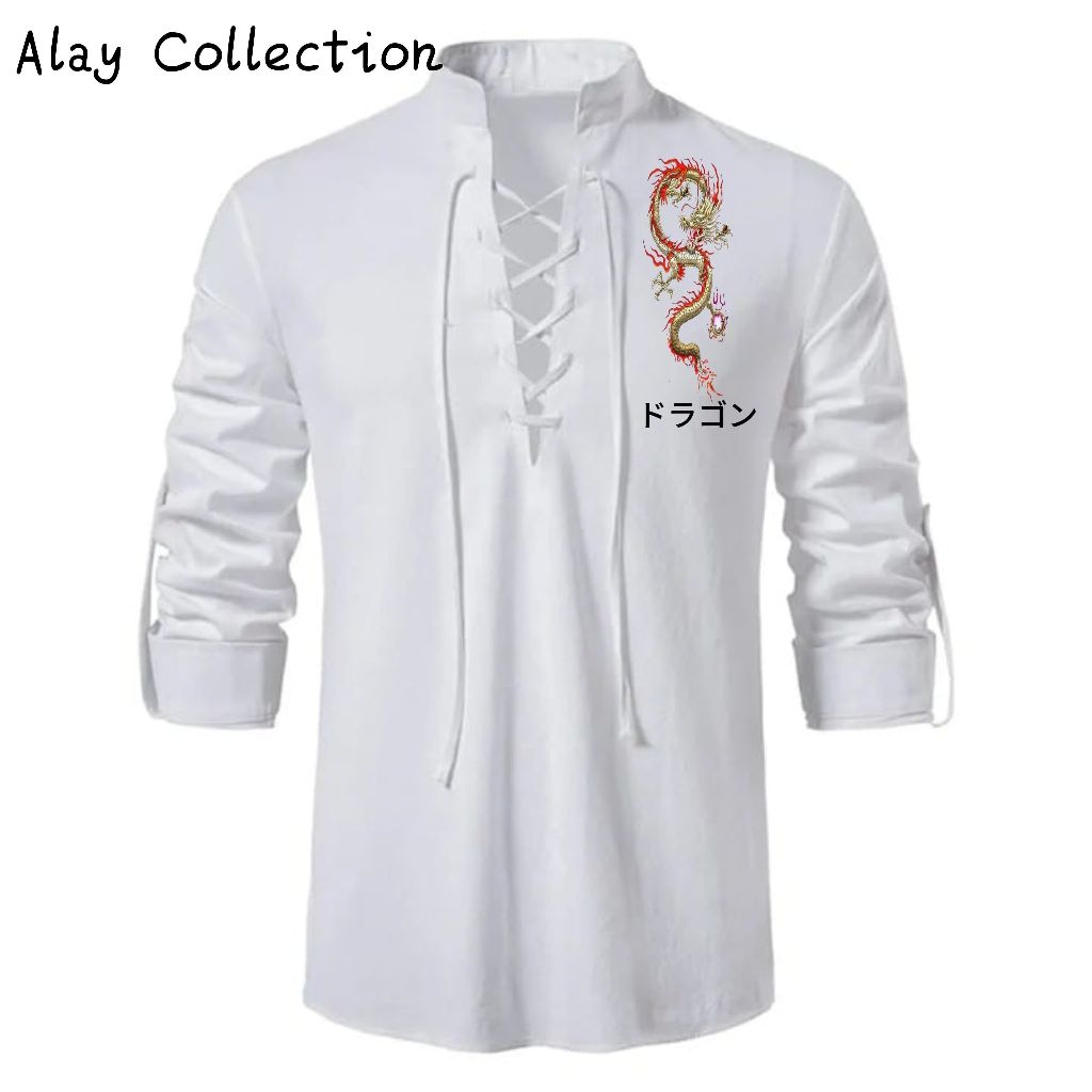 Kemeja Linen Modern Lengan Panjang Baju Pria Gambar Naga/Dragon Nyaman Keren Casual