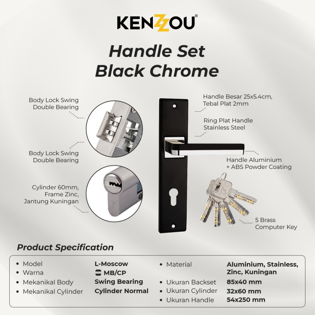 Kenzzou Kunci Pintu Set Lengkap Hitam / Handle Gagang Pintu 25cm Black Series Set Black Chrome