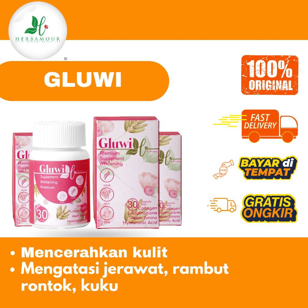 [MITRA RESMI HERBAMOUR] GLUWI SUPLEMEN WHITENING PREMIUM | MENCERAHKAN KULIT | MEMPERBAIKI SKINBARRI