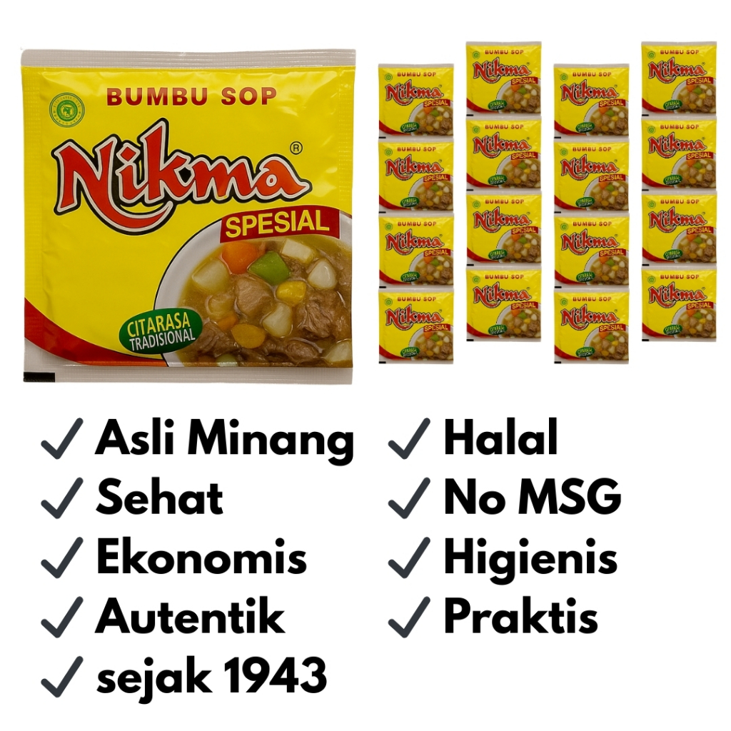 

Bumbu Sop NIKMA 12 Sachet Asli Minang Halal Praktis Cocok Untuk Sehari Hari