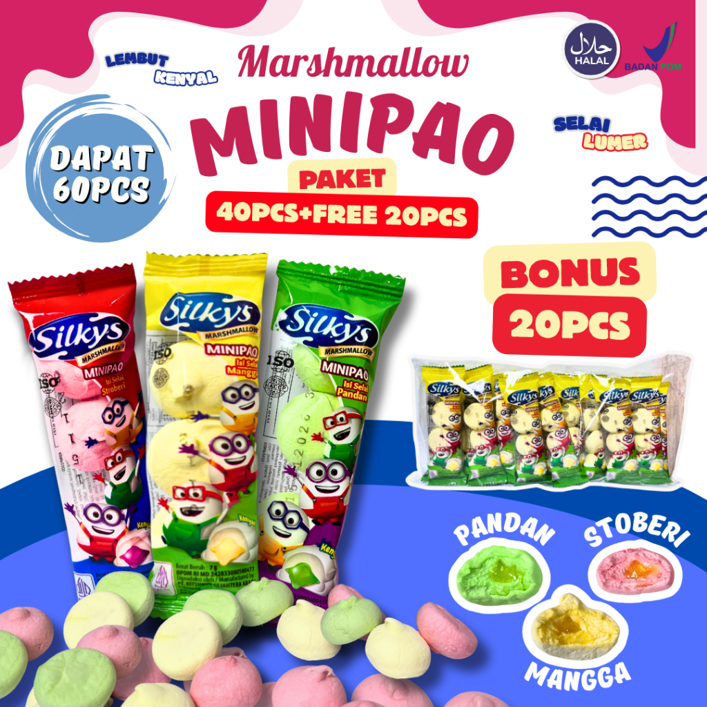 

PAKET MARSHMELLOW MINIPAO 40PCS+FREE 20PCS TURUN HARGA MARSHMELLOW MINIPAO ANEKA RASA MANGGA STRAWBERBY