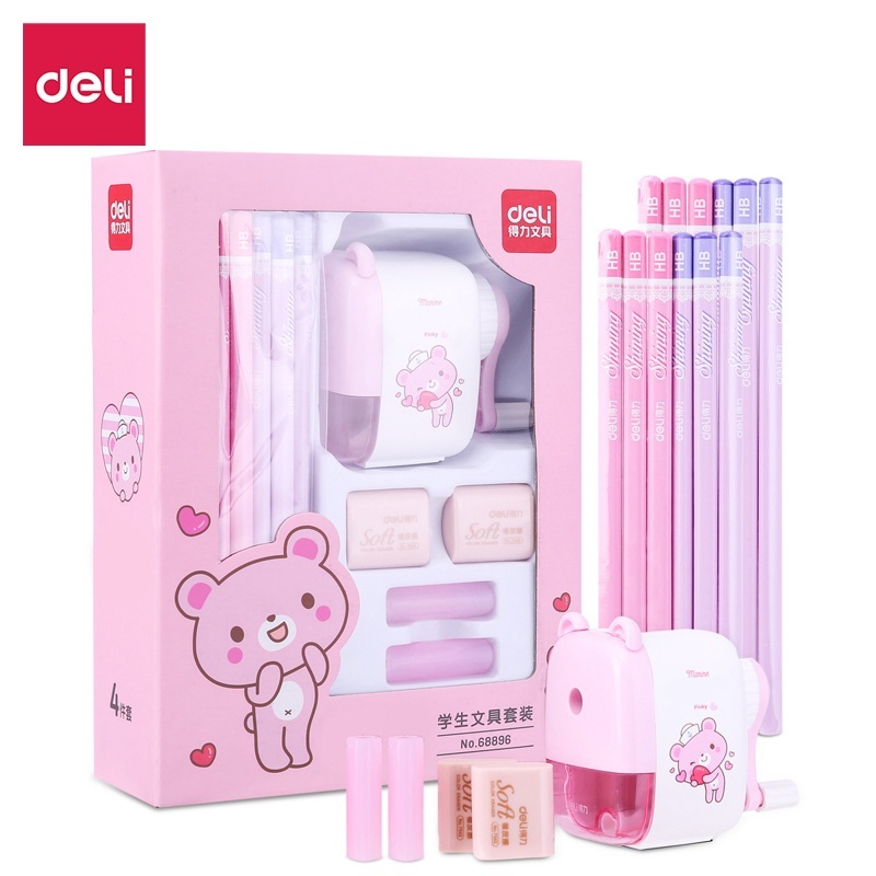 

Deli Stationery set 4 in 1 rautan pensil 12pcs pensil 2 penghapus dan 2 penutup pena Warna Pink 68896