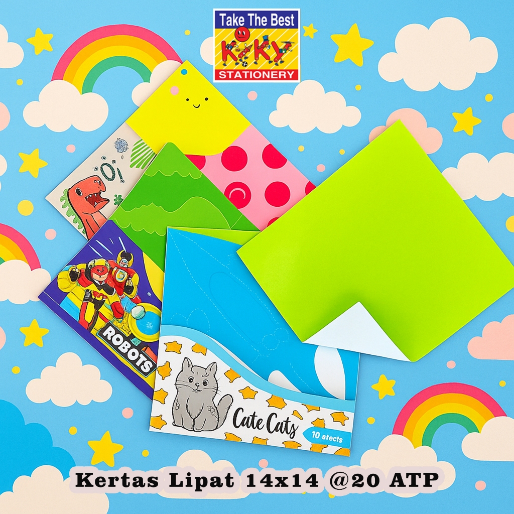 

KIKY Kertas Lipat / Origami ATP / 1 Sisi (Uk. 14 x 14 cm) Isi 20 Lembar - 1 Pack = 5 Warna