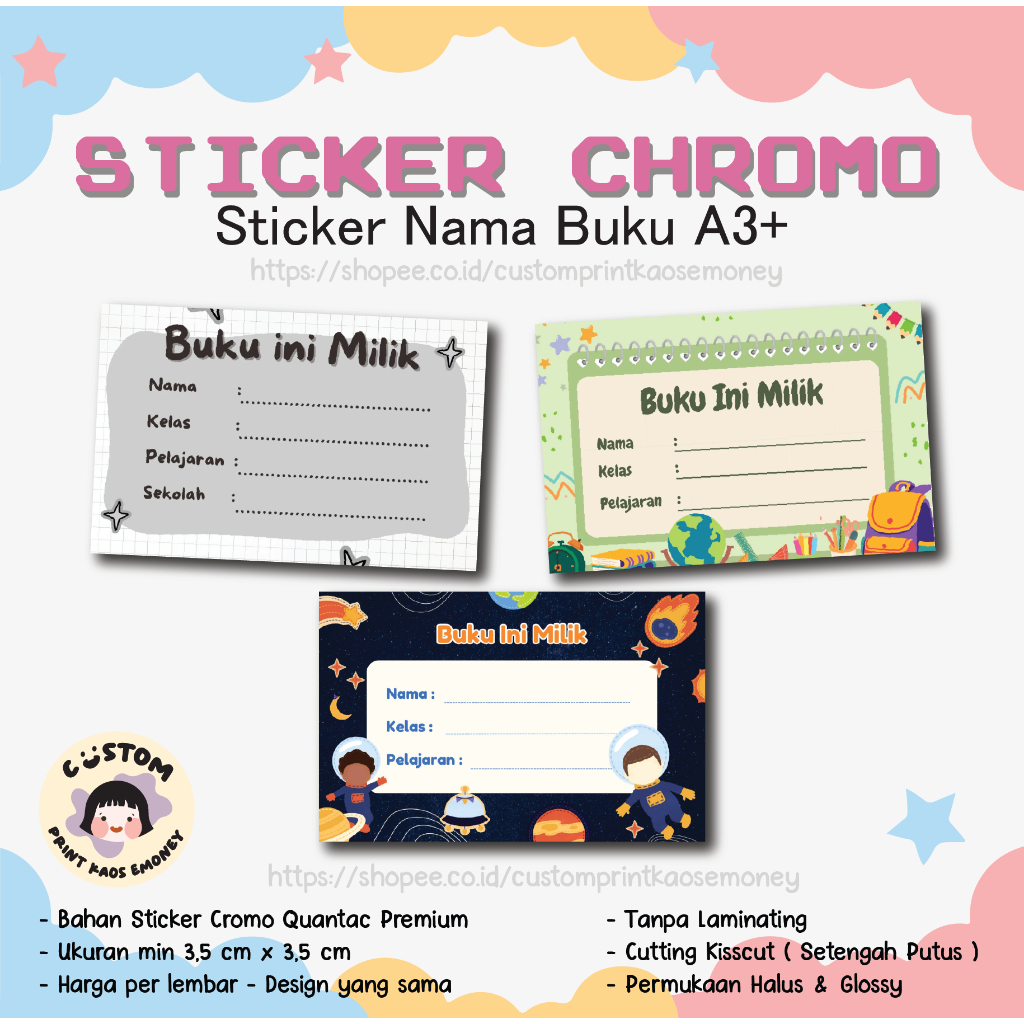 

Cetak Stiker Cromo Nama Buku Sekolah Anak Label Buku Tulis Catatan Custom Chromo A3+ Kromo
