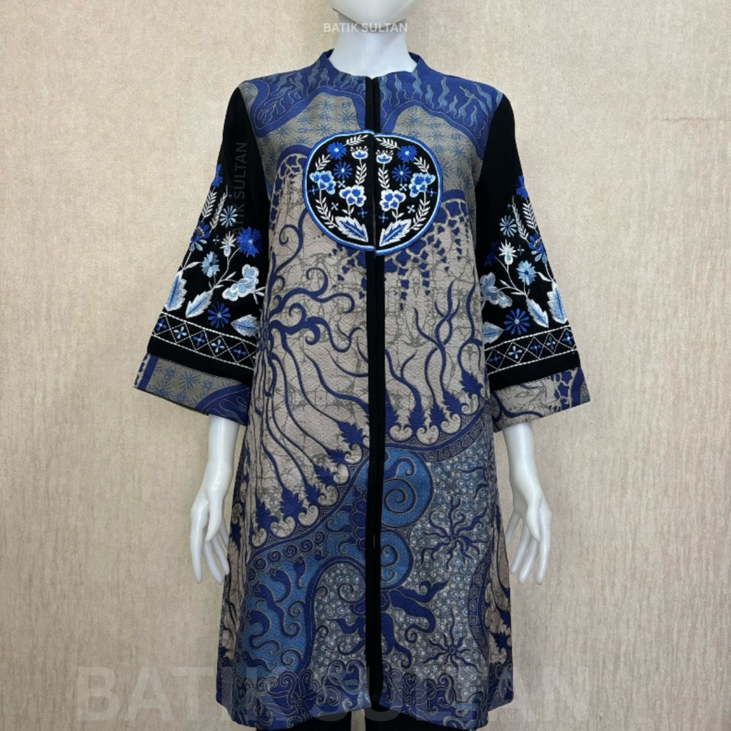 Atasan Tunik Batik Wanita Kain Doby Bordiran Reguler Fit Lapisan Tricot Waffle Mewah Elegan Formal K