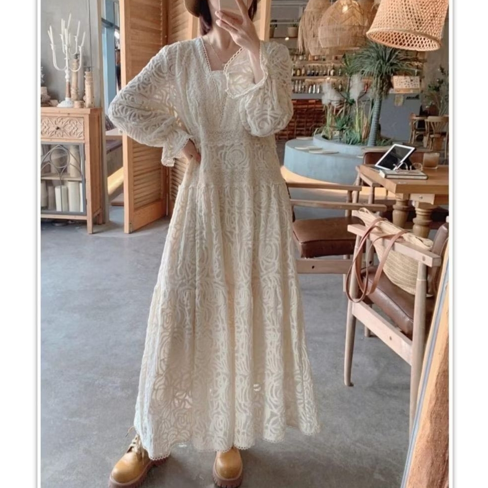 14039 Baju mididress Lace brokat DALMERIA EMBROIDERED MESH TIERED DRESS BORDIR LENGAN PANJANG dres K