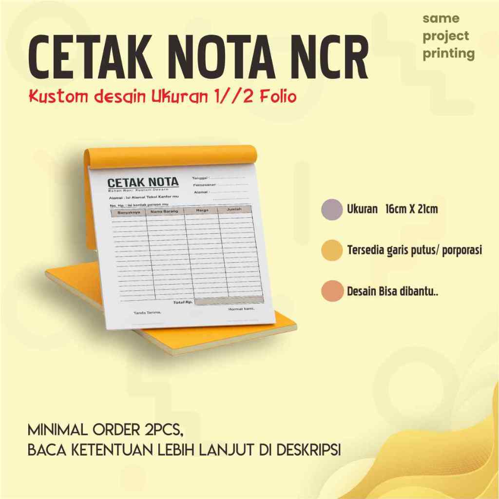 

Cetak Nota Custom 2ply 1/2 folio - Cetak Nota Ncr 2 rangkap ukuran 16x21 Bebas desain - Nota usaha