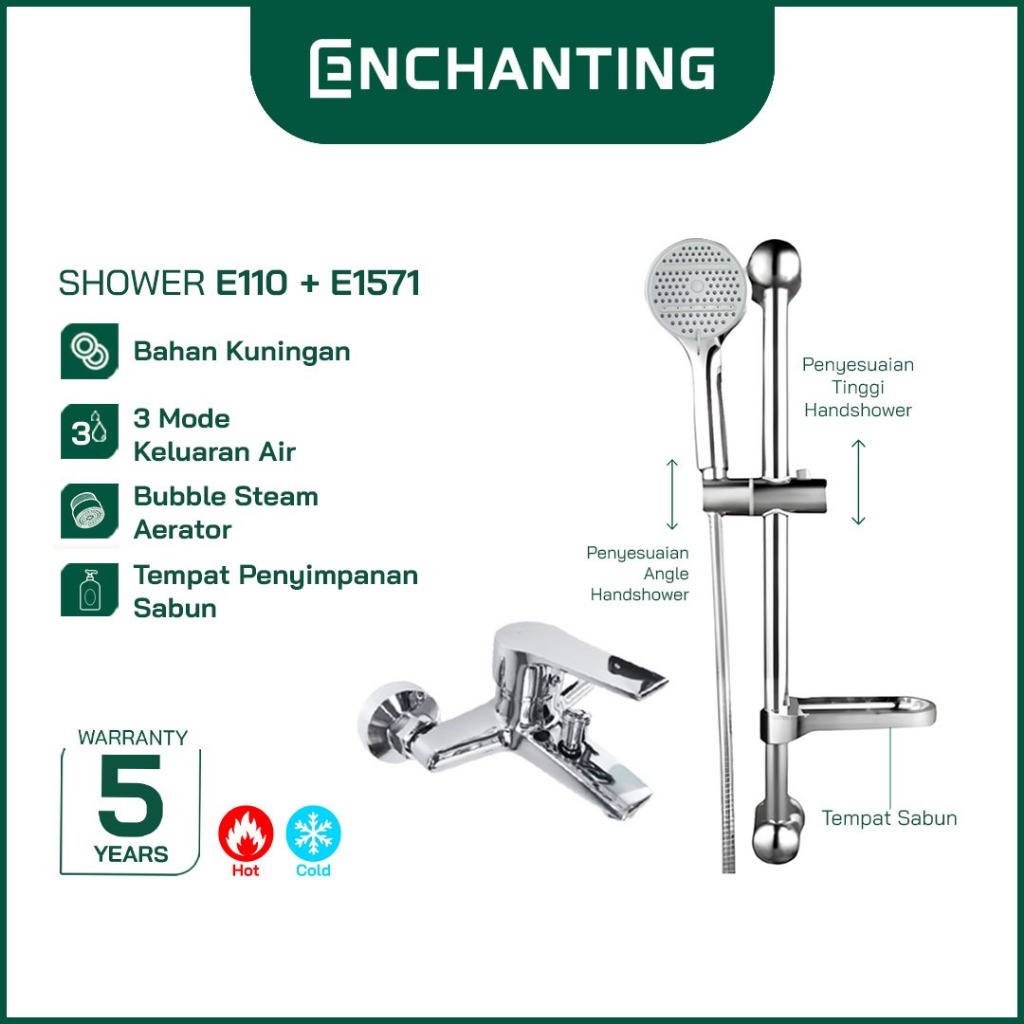 ENCHANTING Paket Shower Set Mandi Air Dingin Panas Chrome Hitam Europe Enchanting E110+E1571 Bergara