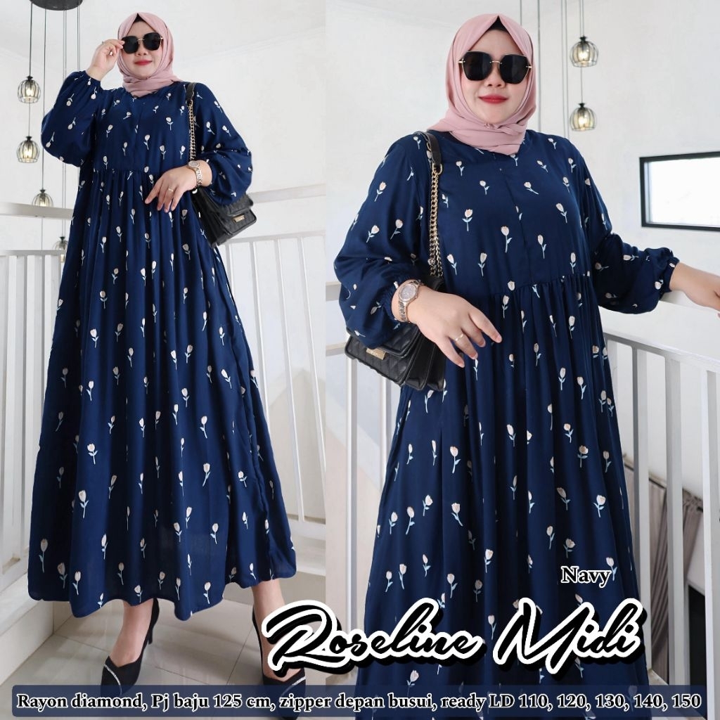 ROSELINE KOLINDA Midi Dress Jumbo - LD 150 140 130 120 110 PB 125 Rayon Adem Motif Big Size XXL 3XL 