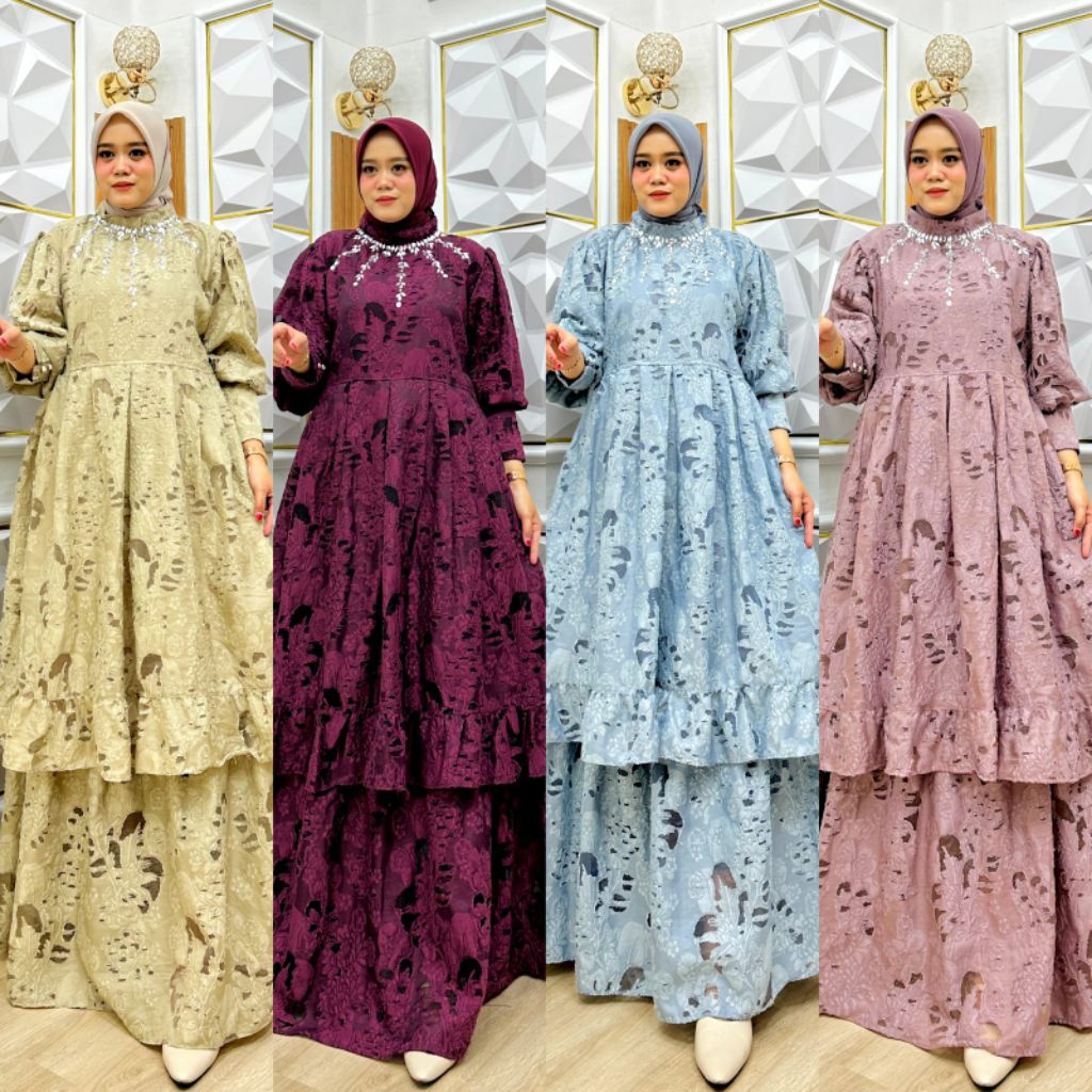 Gamis Jaguar Organza Premium Dress Wanita Mewah Leher Payet Tangan Kancing Umpak