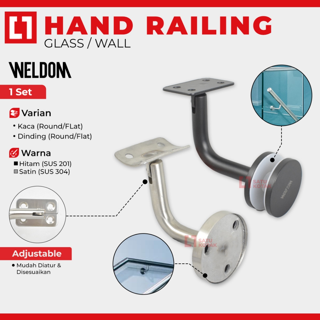 WELDOM Adjustable Bracket Konektor Handrail Tangga Railing Pegangan Tangan Stainless 304 Kaca/Tembok