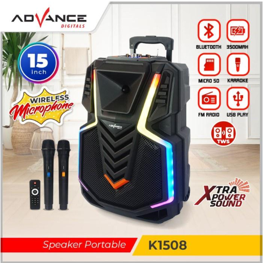 Advance K1508 Speaker Karaoke Portable Meeting Bluetooth Salon + 2 Mic Wireless Bass Led
