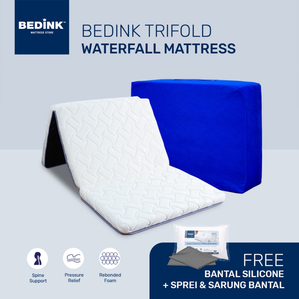 BEDINK Trifold Waterfall Mattress Rebonded 90x200x8 / Kasur Lipat Busa / Free Bantal + Sprei & Tas