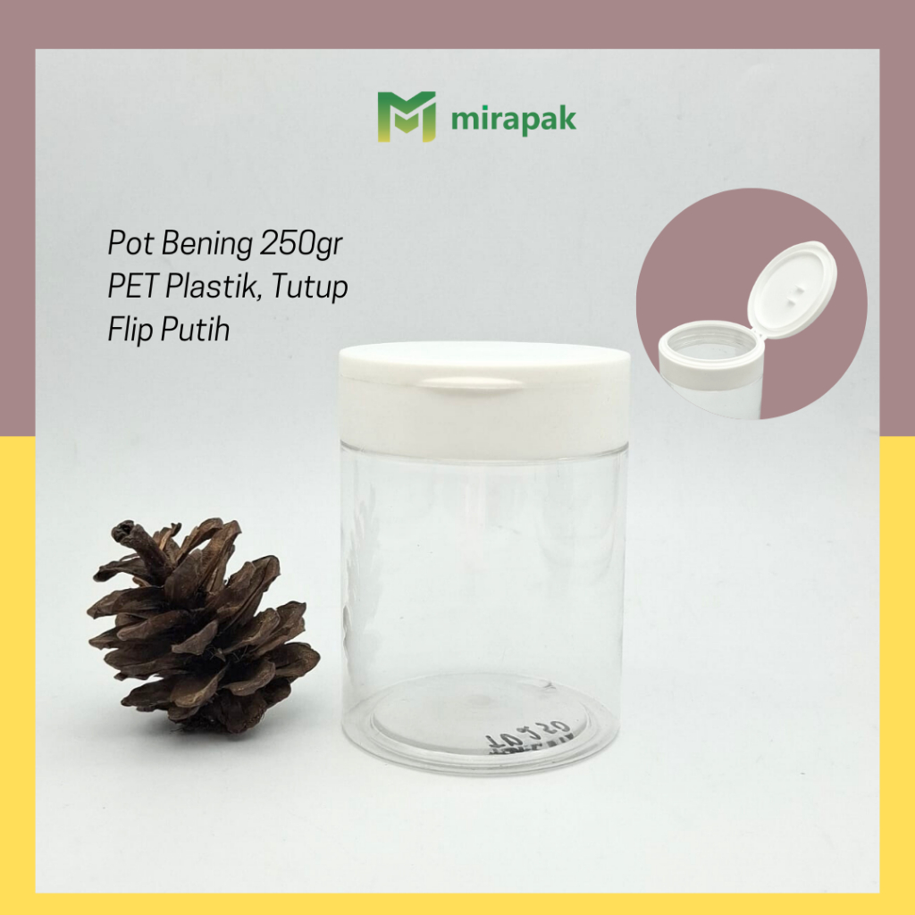 JAR PLASTIK 250GR BULAT BENING CLEAR PET - TUTUP FLIP PUTIH - TOPLES 250ML TEMPAT CREAM KRIM / SCRUB