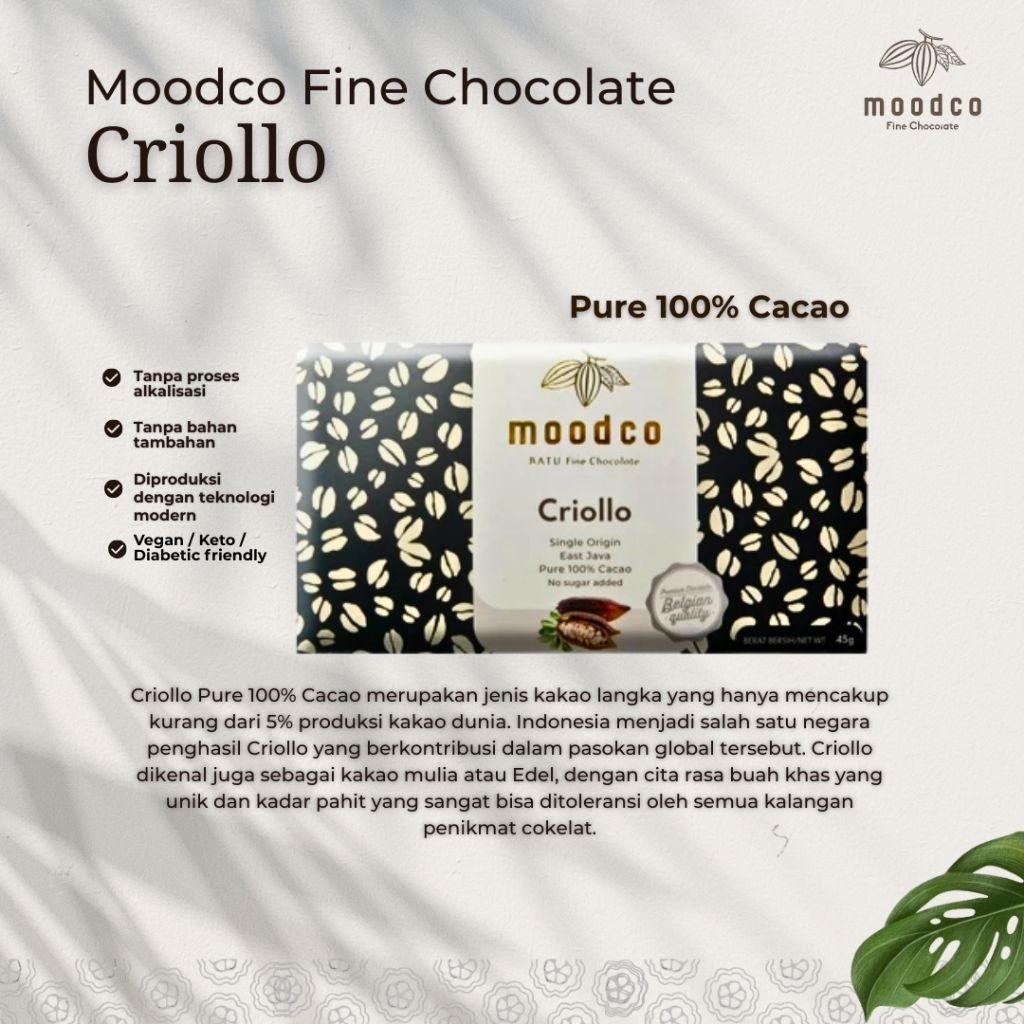 

Moodco | Pure Dark Chocolate 100% Criollo | Cokelat Diabetix | Fine Chocolate | Cokelat Sehat