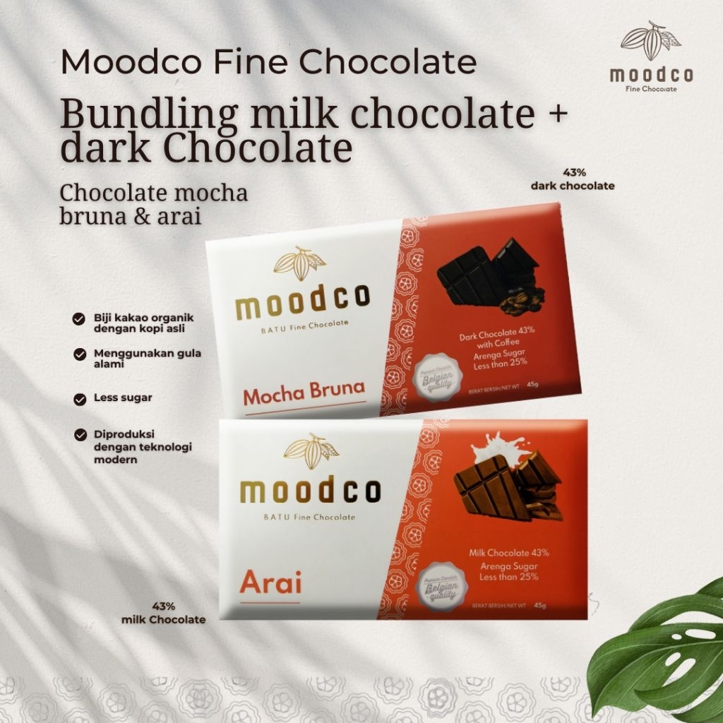 

Moodco Fine Chocolate | Bundling 2 Varian Produk Mocha Bruna & Arai 45 gr | Coffee Chocolate & Milk Chocolate | Real Coklat Bukan Coklat Kompon