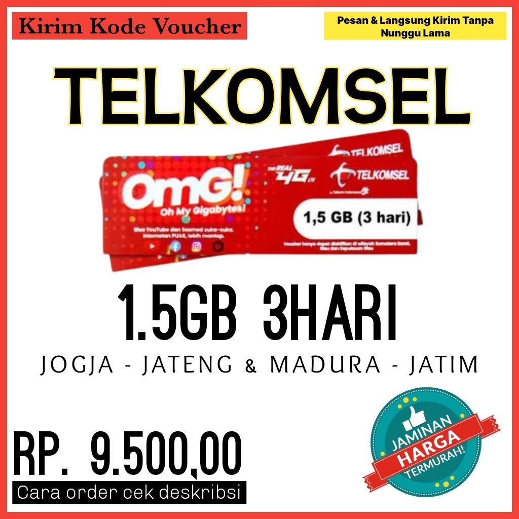 Voucher Telkomsel 1.5GB 3 Hari JOGJA - JATENG & MADURA - JATIM | Paket Data Vcr Tsel Internet [Kirim