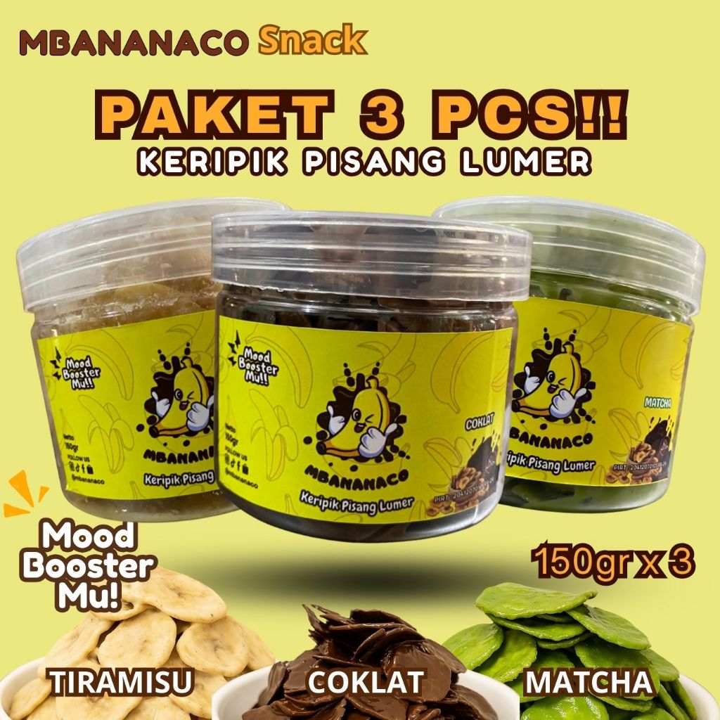 

MBANANACO - PAKET3 Keripik pisang lumer Coklat Tiramisu Matcha 150gr Banana Chips Cemilan Snack enak