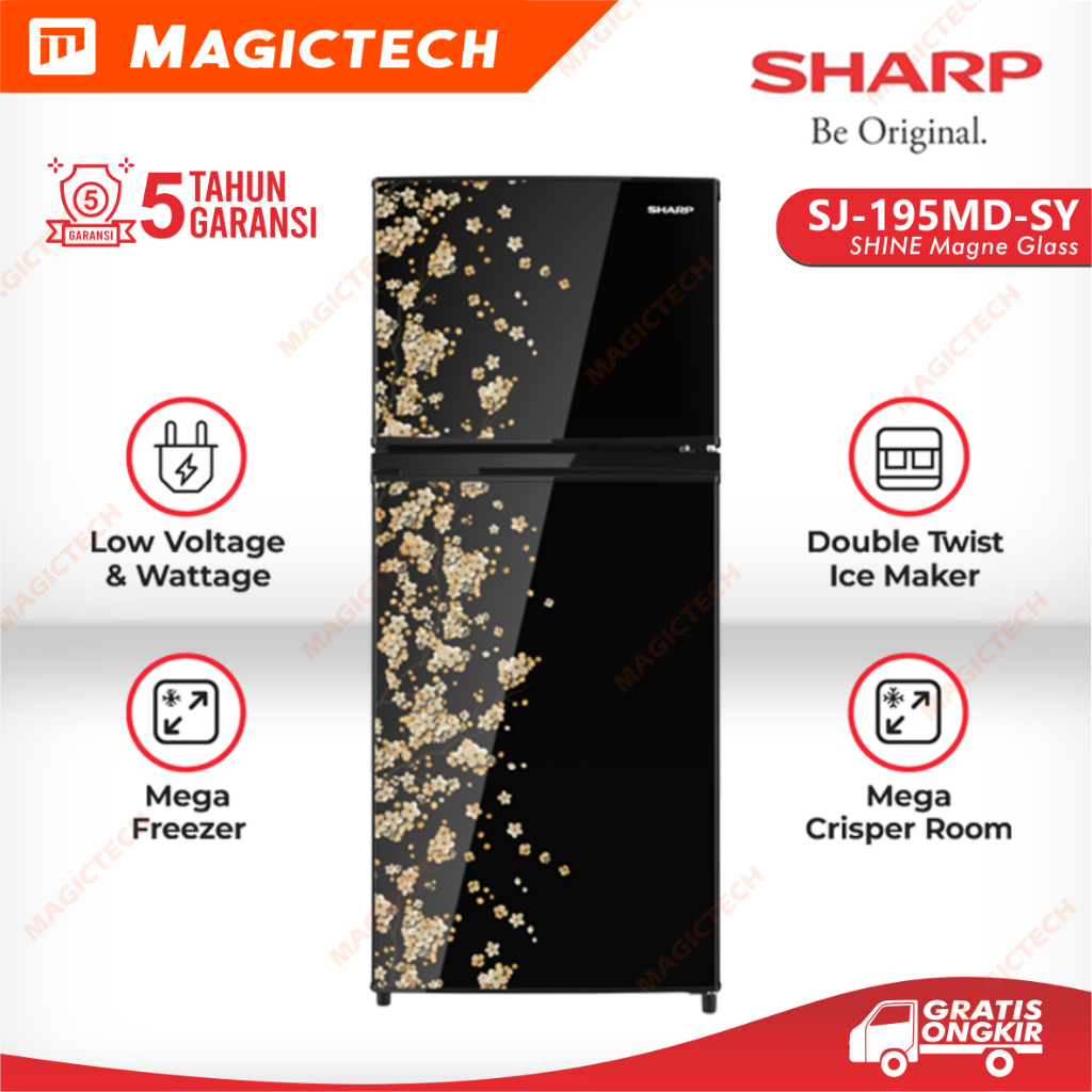 SHARP Kulkas 2 Pintu SJ-195MD-SY SHINE Magne Glass Mega Freezer Sakura Yellow SJ-195 172 L