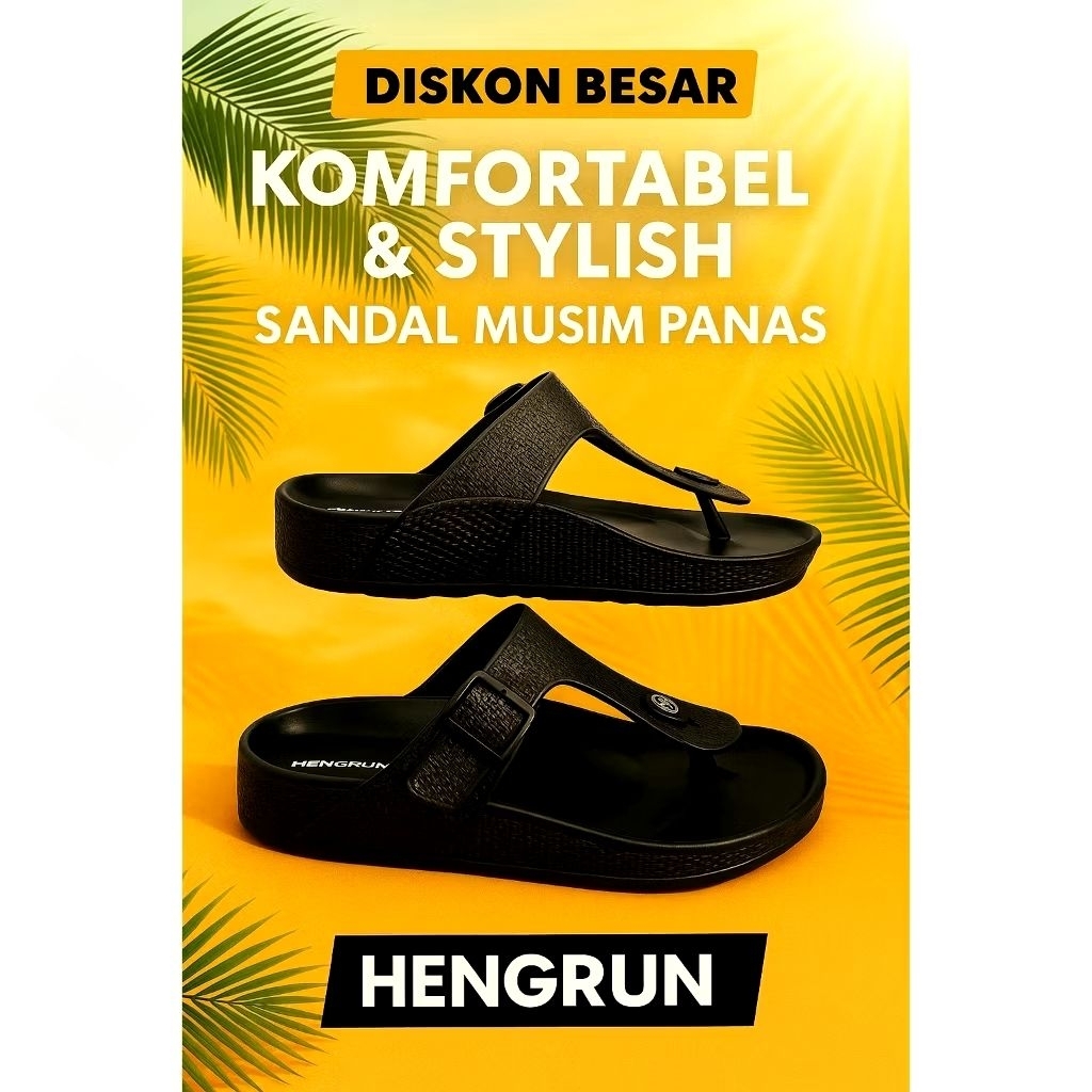 Hengrun Sandal Jepit Pria klasik Sendal karet hitam polos