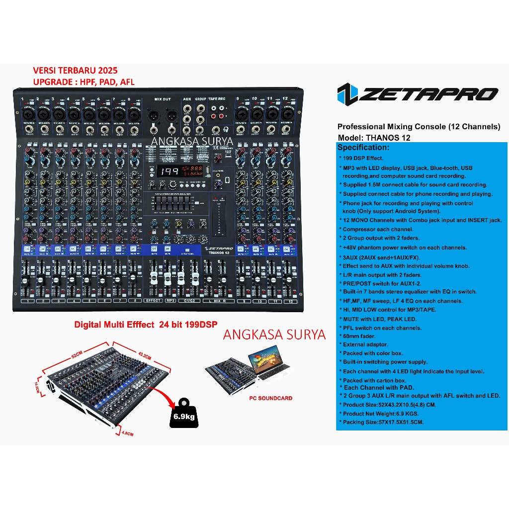 Mixer ZETAPRO THANOS 12 ORIGINAL/ Mixer 12 Channel  Zetapro Thanos12 Effect Reveb 199 Dsp Edit A, Ed