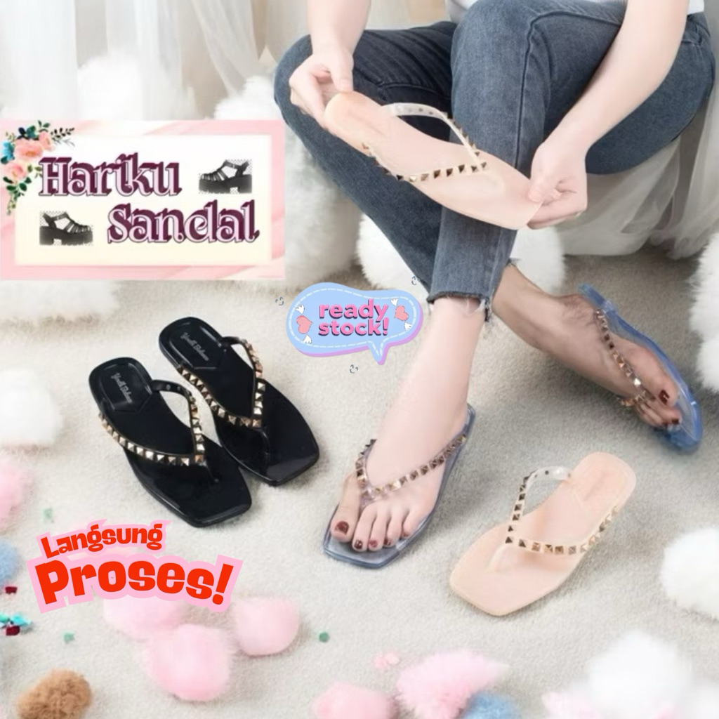Sandal Jepit Wanita Jelly Glossy Spike Gold Trendi 128-X1
