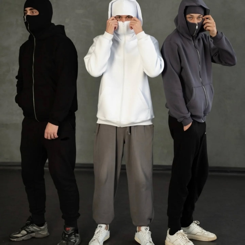 Jaket Hoodie Ninja Balaclava Full Face Zip - Double Hoodie Masker - Jaket Musim Dingin