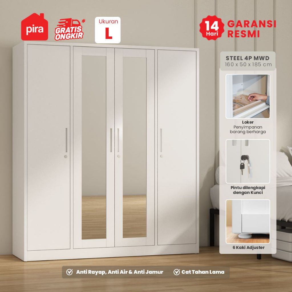 PIRA -  STEEL 4P MWD Lemari Pakaian Besi 4 Pintu dengan Cermin