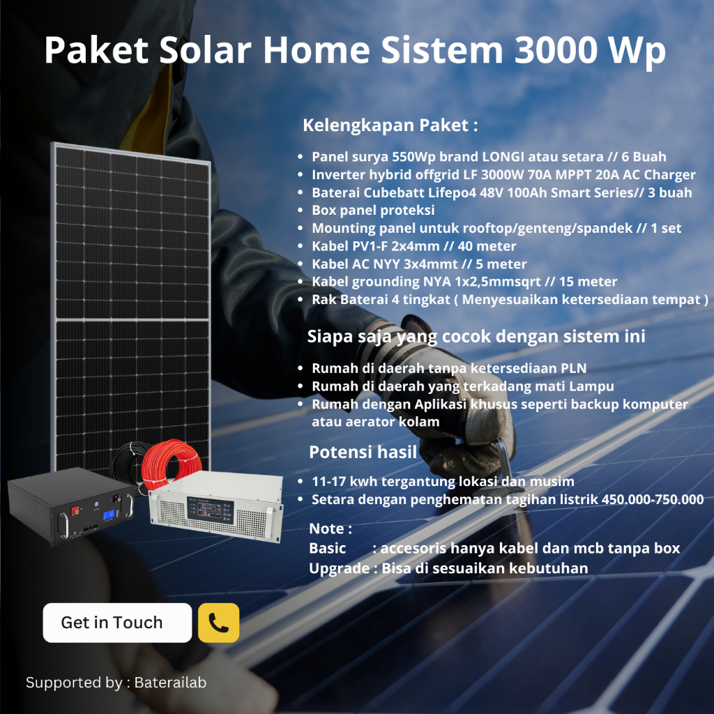 Paket PLTS 3000Wp Inverter 3000Watt untuk rumah setara 2200VA sampai 3300VA Untuk Rumah Kebun Kapal