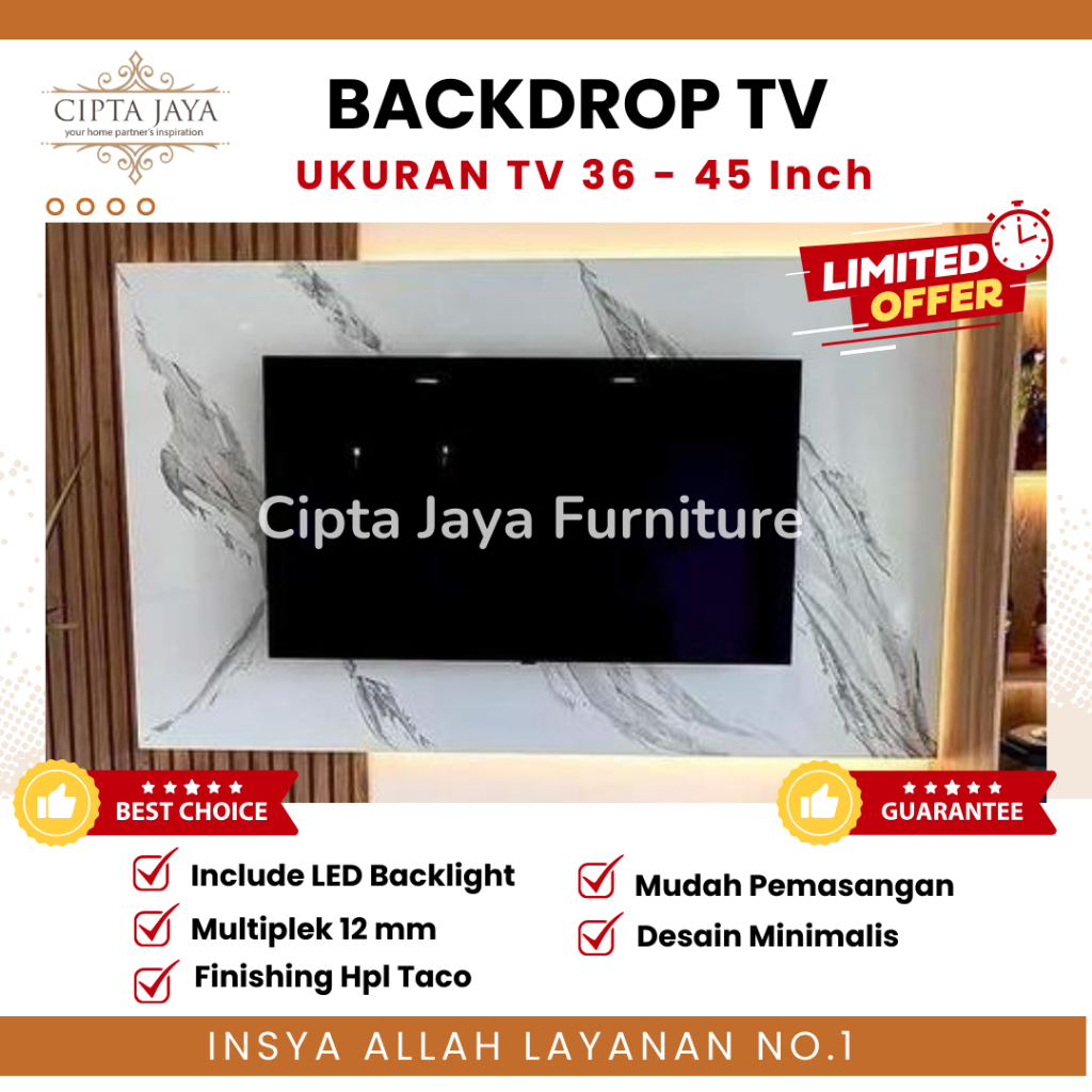 Cipta Jaya - Backdrop Tv 36, 38, 39, 40, 41, 42, 43, 45 inc Minimalis Tempel Dinding Termasuk LED