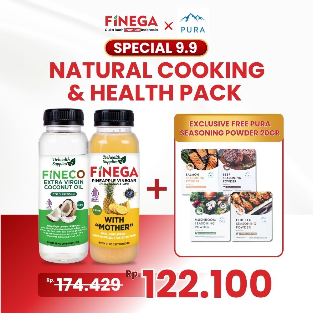 

(SPECIAL 9.9) FINEGA x PURA – Natural Cooking & Health Pack | Cuka Nanas 250ml Plastik + Fineco 250ml Plastik + Pura Kaldu Bubuk