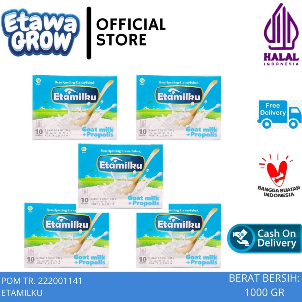 

Paket 5 Box Susu Kambing Etawa Bubuk Etamilku Plus Propolis Asli Original