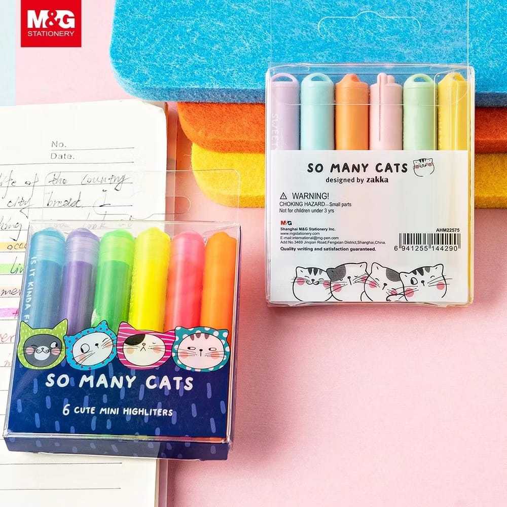 

M&G Highlighter Mini Set 6 Warna Pastel Neon Cute | So Many Cats Series – Stabilo Lucu