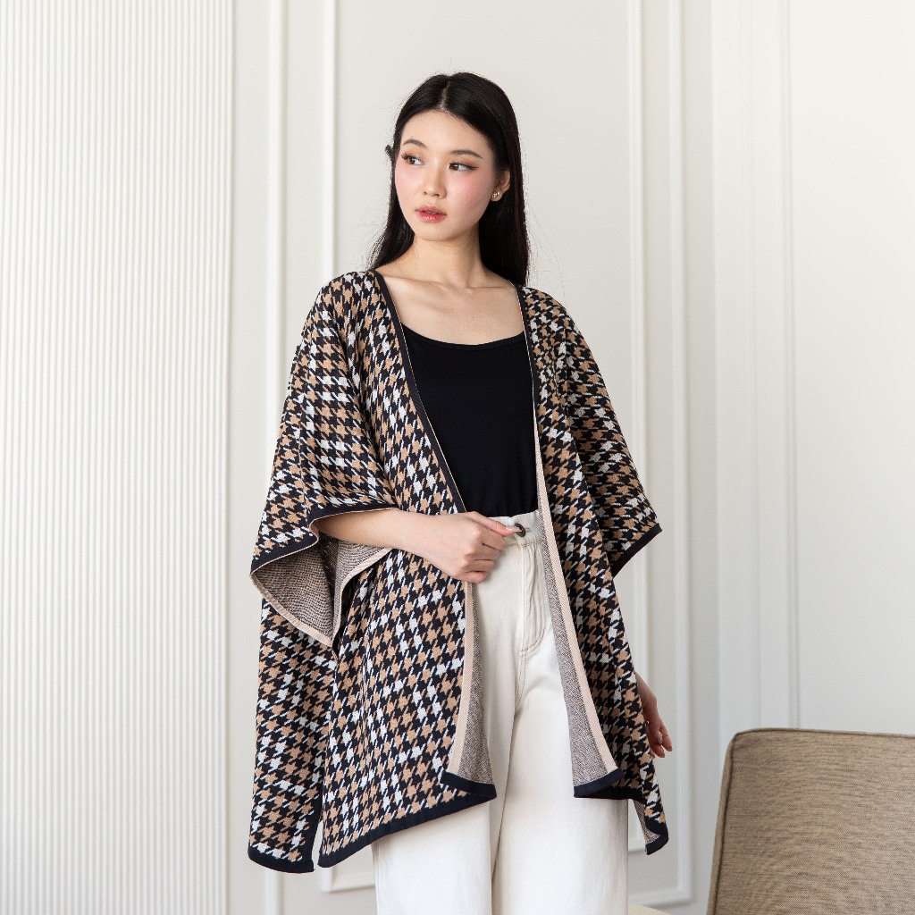 COME Houndstooth Knit Poncho 161 Almond - Best Poncho Knit Wanita Kasual