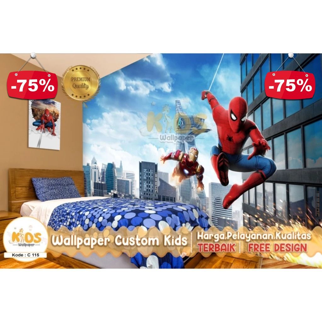 Wallpaper Dinding Custom 3D Tema Spiderman | Kamar Anak Laki laki |Animasi Anak | Animasi Hewan | Wa