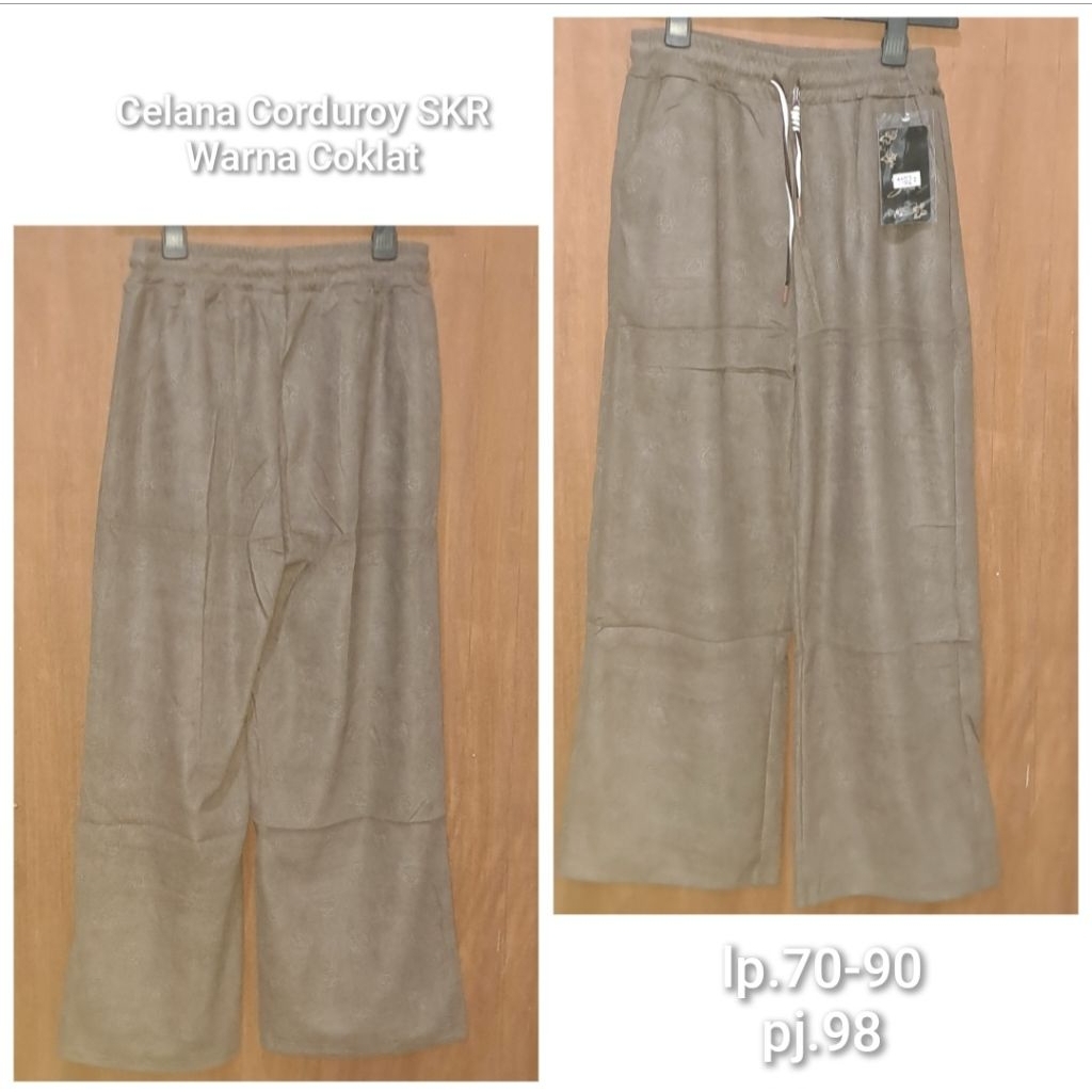 SKR Jumbo 4XL Celana Panjang Wanita Corduroy Kulot Embossed warna Coklat Tua Saku Kanan-Kiri