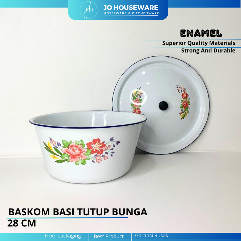 Waskom Dalam + Tutup Putih Enamel Motif Bunga (UK : 28cm) / Basi Enamel Unik / Baskom Kobokan Deco