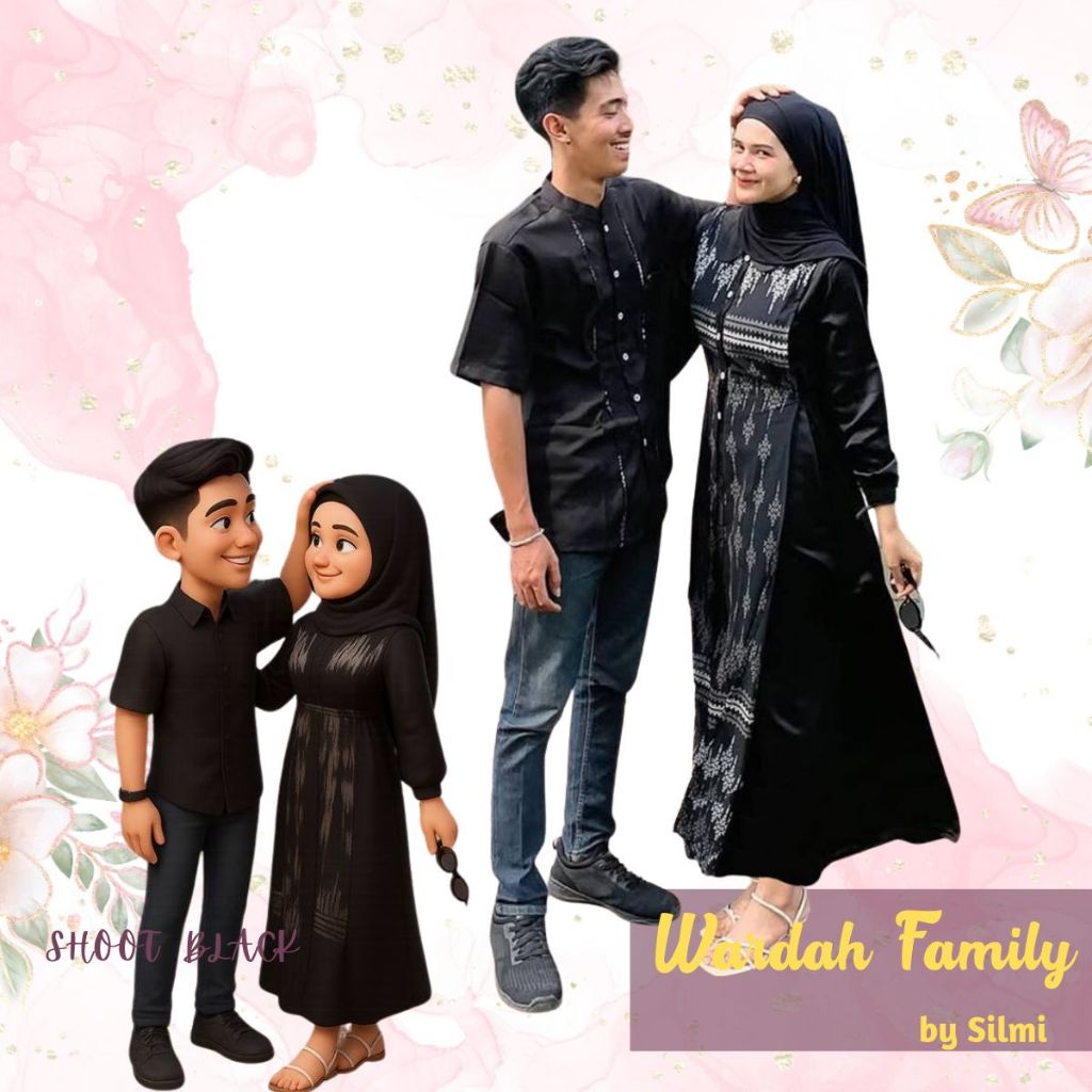 Silmi Baju Sarimbit Keluarga Muslim 2025 Seragam Couple Modern Wardah Soot Black