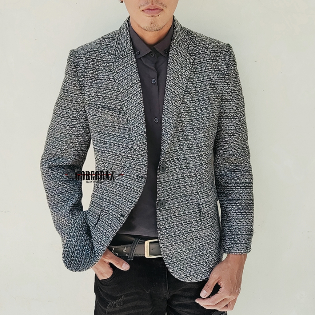 gorgoraz jas pria keren abu bintik tweed slimfit casual formal blazer