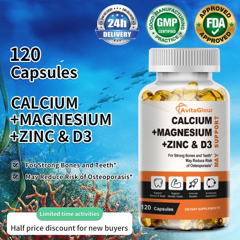 Kalsium, magnesium, seng, vitamin D3, kapsul 120 butir, vitamin D3, kalsium dan magnesium.